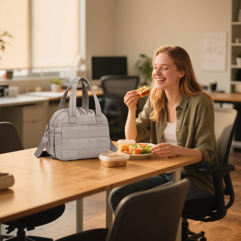LEDAOU Lunch Box for Women Lunch bag Quilted Puffer Lunch Box with Adjustable Strap Insulated Reusable LunchBox for Work School Picnic Travel (Grey) - Image 3