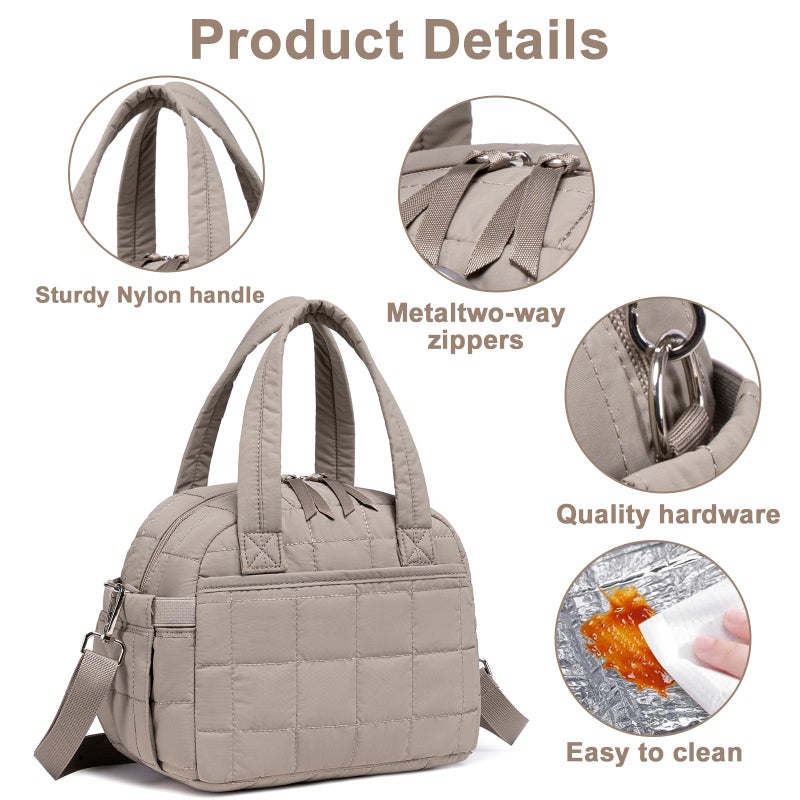 LEDAOU Lunch Box for Women Lunch bag Quilted Puffer Lunch Box with Adjustable Strap Insulated Reusable LunchBox for Work School Picnic Travel (Grey) - Image 4