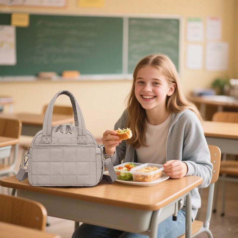 LEDAOU Lunch Box for Women Lunch bag Quilted Puffer Lunch Box with Adjustable Strap Insulated Reusable LunchBox for Work School Picnic Travel (Grey) - Image 2