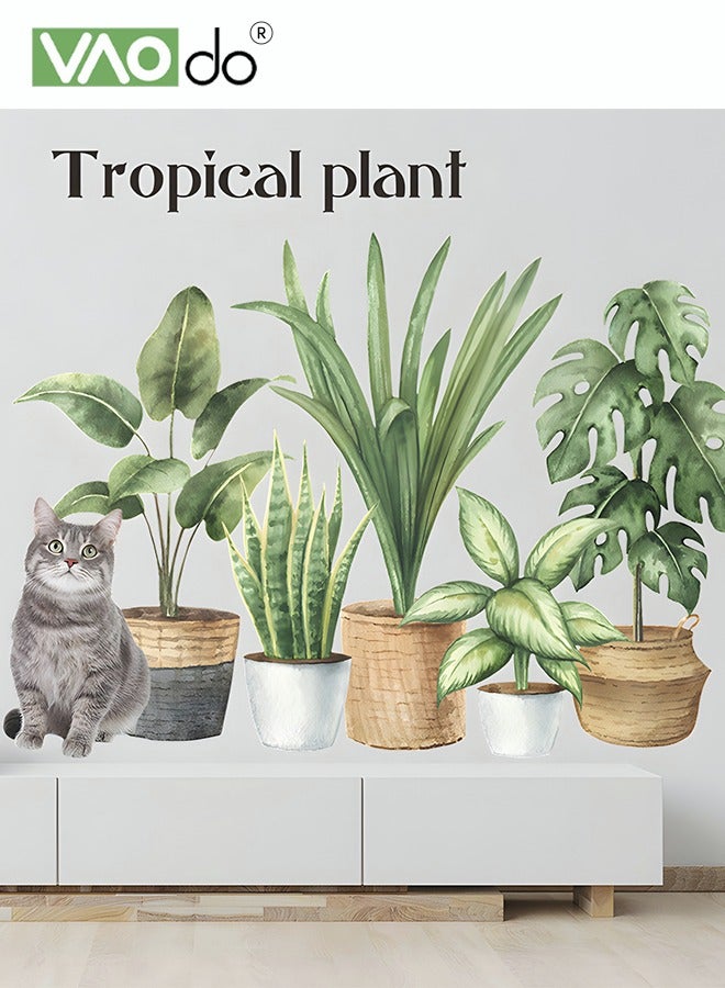 VAOdo Printed Wall Wallpaper, Green Plant Potted Plants and Kitten Pattern Wall Sticker, Removable Waterproof PVC Material Home Decoration, for Bedroom Kitchen Porch Living Room Decoration  - Image 4