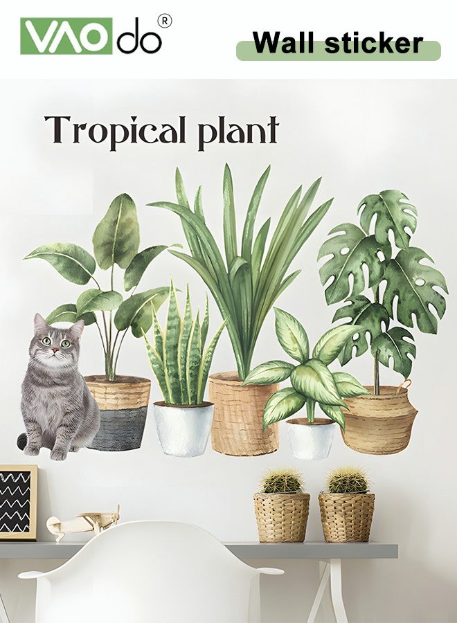 VAOdo Printed Wall Wallpaper, Green Plant Potted Plants and Kitten Pattern Wall Sticker, Removable Waterproof PVC Material Home Decoration, for Bedroom Kitchen Porch Living Room Decoration  - Image 3