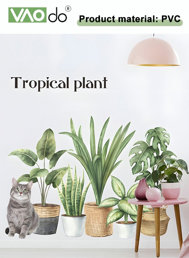 VAOdo Printed Wall Wallpaper, Green Plant Potted Plants and Kitten Pattern Wall Sticker, Removable Waterproof PVC Material Home Decoration, for Bedroom Kitchen Porch Living Room Decoration  - Image 2