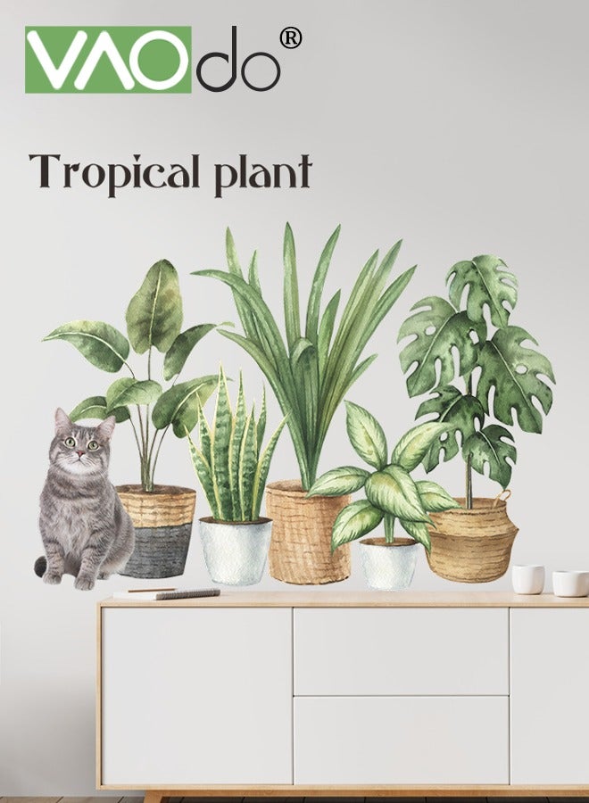 VAOdo Printed Wall Wallpaper, Green Plant Potted Plants and Kitten Pattern Wall Sticker, Removable Waterproof PVC Material Home Decoration, for Bedroom Kitchen Porch Living Room Decoration  - Image 1