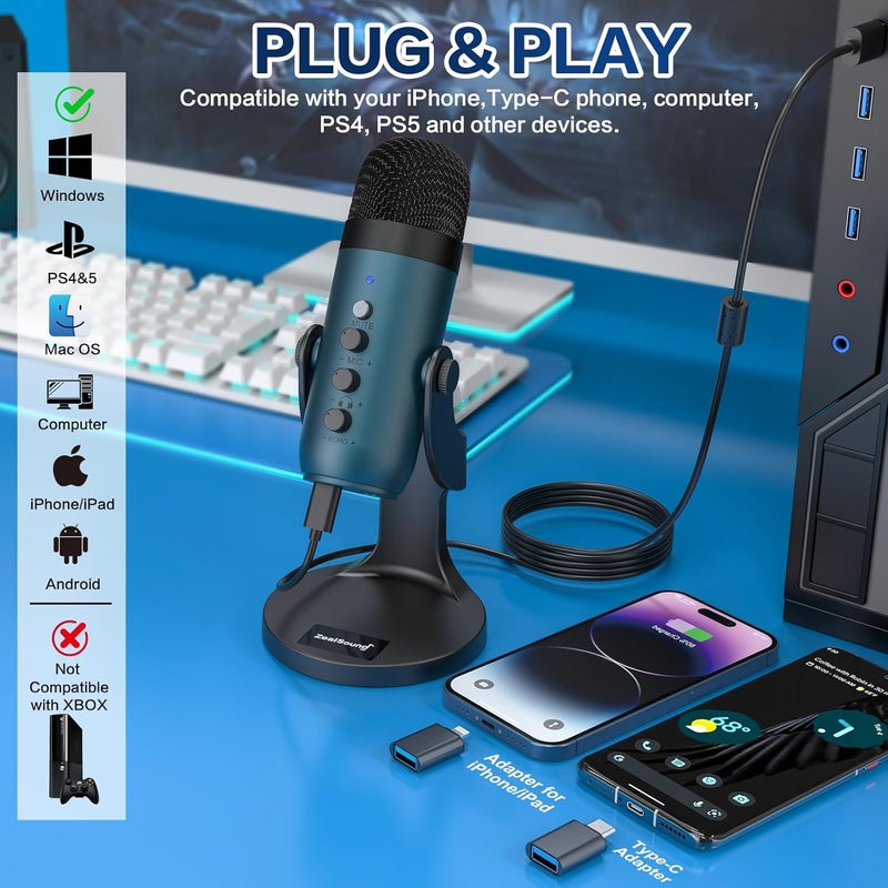 ميكروفون ألعاب USB من ZealSound، ميكروفون مكثف للكمبيوتر الشخصي، ميكروفونات توصيل وتشغيل لـ PS4 وPS5، تحكم في المراقبة ومستوى الصوت، تحكم في كسب الميكروفون، زر كتم الصوت لتطبيق TikTok ويوتيوب بودكاست على Mac وWindows (لون أزرق مخضر) - Image 2