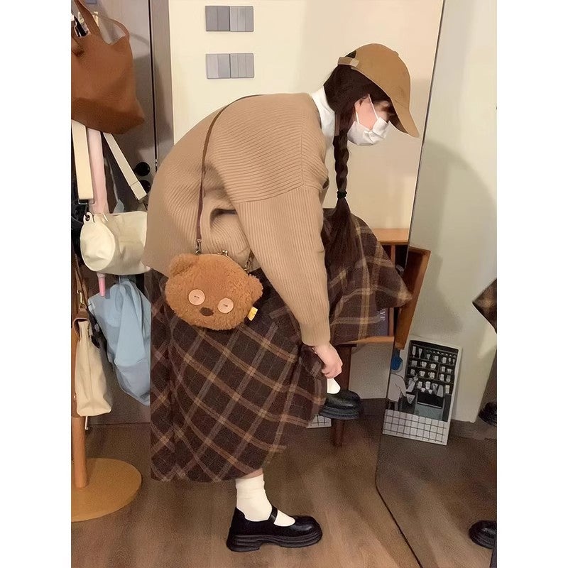 plus size chubby girl brown Wool Skirt 2024 New Autumn Japanese Lazy Elegant Slim A- word Plaid Skirt Coffee color