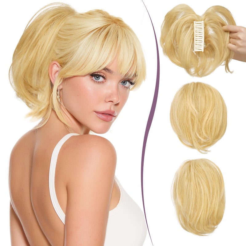 RUWISS Claw Clip Short Human Hair Ponytail Extension with Bendable Metals for DIY Styles Straight Messy Bun Hair Piece for Women Hairpieces for Daily Wear, 9 Inch Golden Blonde Mixed Bleach Blond - Image 1