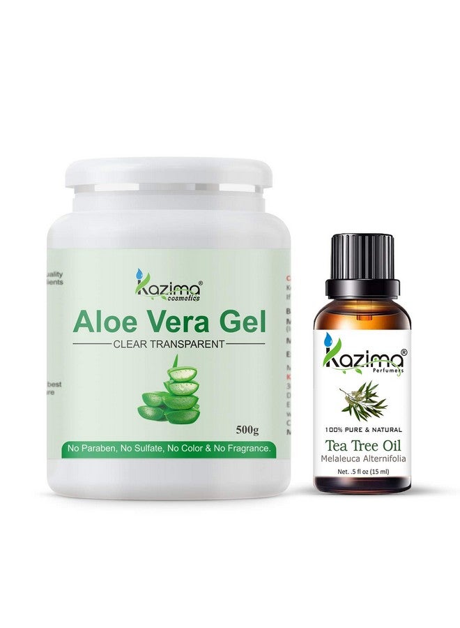 KAZIMA Combo Of Aloe Vera Gel 500G & Tea Tree Essential Oil 15Ml - 100% Pure & Natural For Skin, Face, Acne Scars, Hair, Moisturizer & Dark Circles (Combo Of 2)  - Image 1