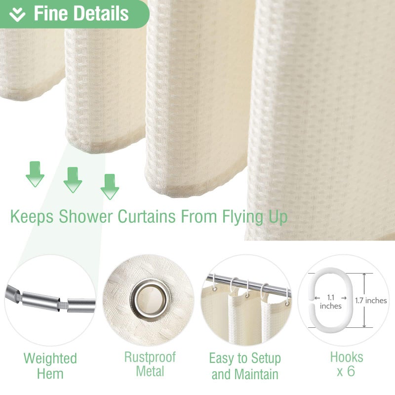 Dynamene Stall Ivory Fabric Shower Curtain - Waffle Textured Small Heavy Duty Cloth Shower Curtains for Bathroom, 256GSM Narrow Hotel Luxury Bath Curtain Set with 6 Plastic Hooks(36Wx72H,Cream/Ivory) - Image 5