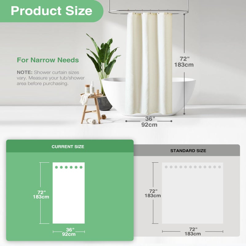 Dynamene Stall Ivory Fabric Shower Curtain - Waffle Textured Small Heavy Duty Cloth Shower Curtains for Bathroom, 256GSM Narrow Hotel Luxury Bath Curtain Set with 6 Plastic Hooks(36Wx72H,Cream/Ivory) - Image 3