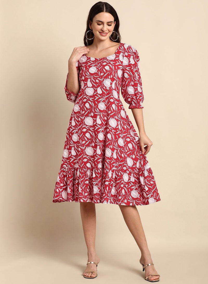 IndHeritage Premium Dress -- Beautiful white & red colour mid calf length dress with floral prints - Stylish trending Indo Western Dress - Image 1