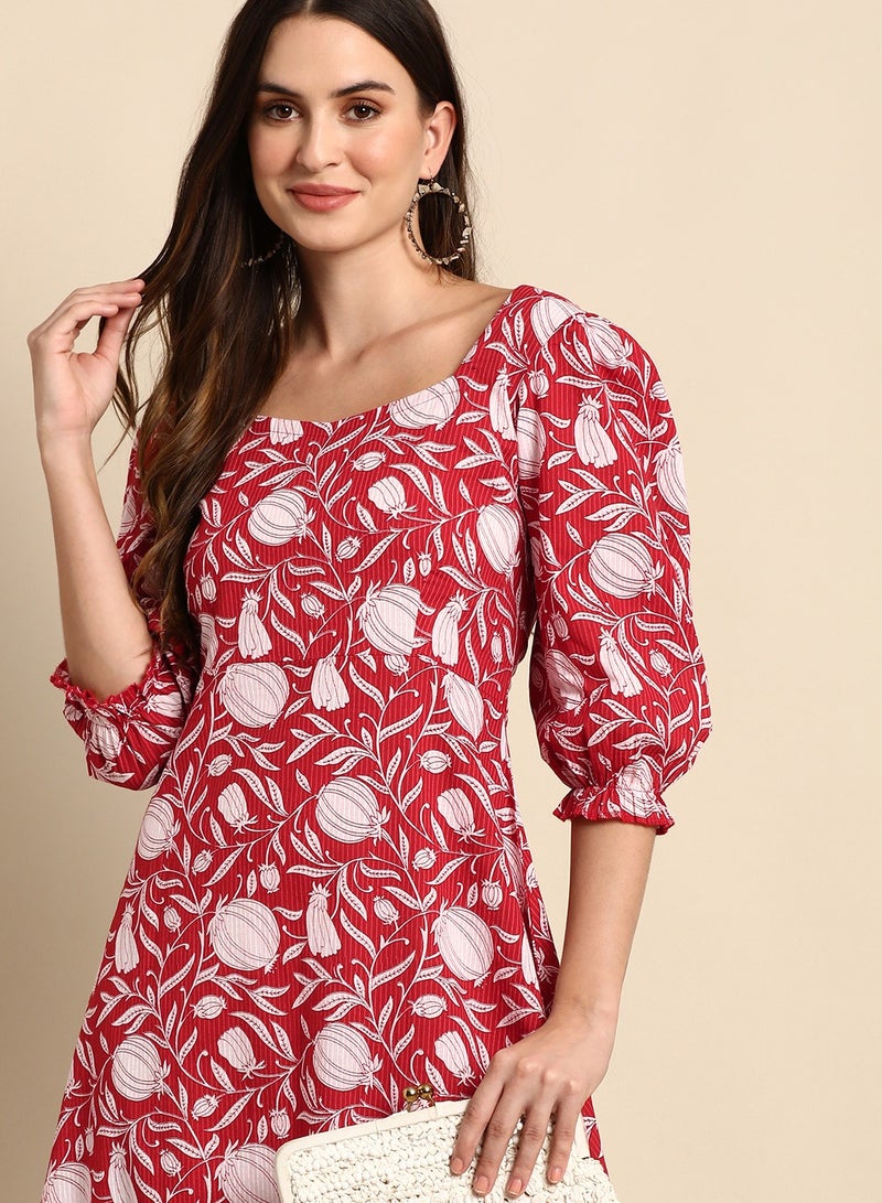 IndHeritage Premium Dress -- Beautiful white & red colour mid calf length dress with floral prints - Stylish trending Indo Western Dress - Image 4