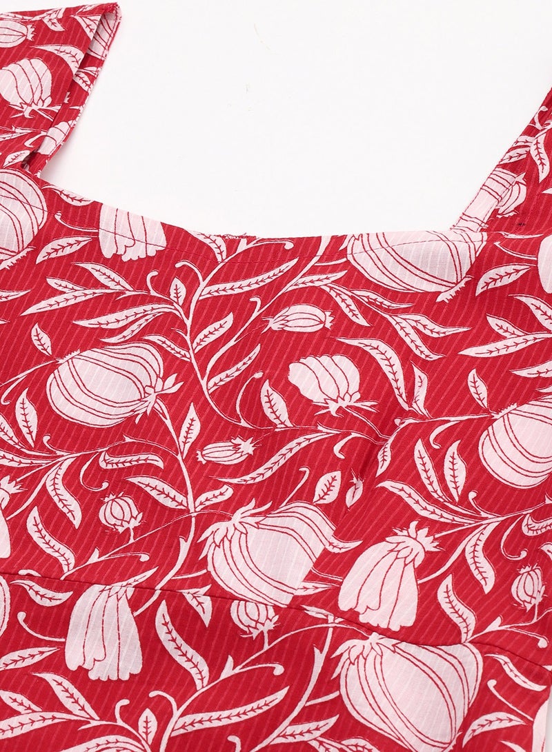 IndHeritage Premium Dress -- Beautiful white & red colour mid calf length dress with floral prints - Stylish trending Indo Western Dress - Image 5