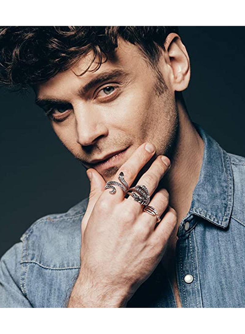 Zikra Y2k Rings Open Adjustable Rings Set Silver Plated Vintage Open Y2K Knuckle Stacking Adjustable Snake Ring Stackable Jewelry Boho Finger Rings Smiley Face Hug Biker Punk Rings for Women Men Girls - Image 5