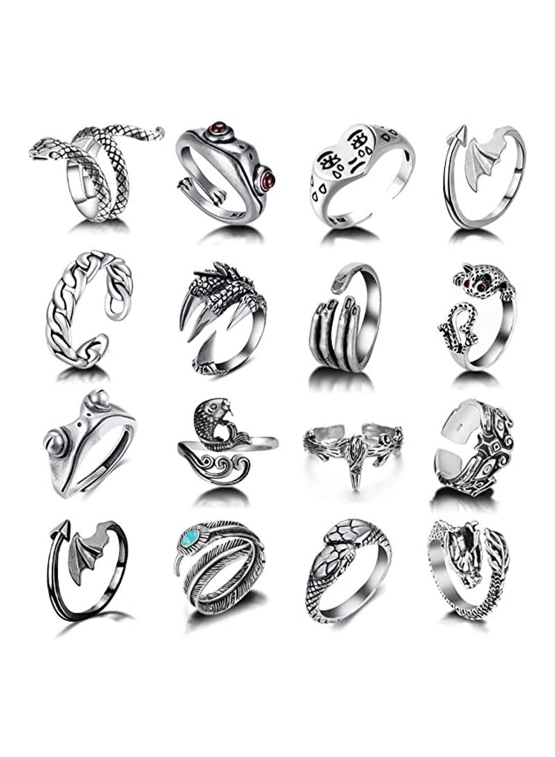 Zikra Y2k Rings Open Adjustable Rings Set Silver Plated Vintage Open Y2K Knuckle Stacking Adjustable Snake Ring Stackable Jewelry Boho Finger Rings Smiley Face Hug Biker Punk Rings for Women Men Girls - Image 1