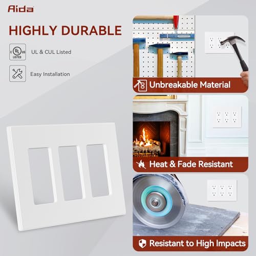 AIDA 3 Gang Wall Plate, 3 Gang Screwless Wall Plate Triple Outlet Covers Mid-Size & Unbreakable, 3 Gang Switch Plate. UL Listed (4 Pack, Matte White) - Image 2