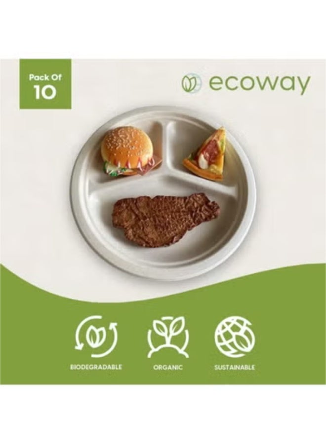 ECOWAY إيكواي [طبق دائري 10 بوصة 3 أقسام عبوة من 10] لون بني طبيعي - أطباق قابلة للتصرف مصنوعة من لب قصب السكر آمنة للاستخدام في الميكروويف والتجميد، قابلة للتحلل الحيوي وقابلة للتسميد، أدوات المائدة. - Image 4