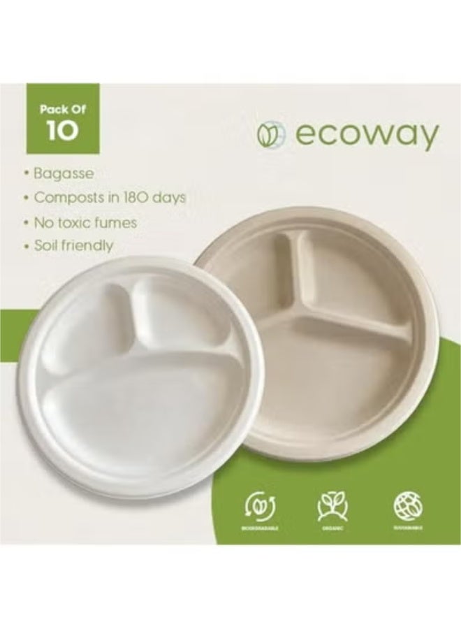 ECOWAY إيكواي [طبق دائري 10 بوصة 3 أقسام عبوة من 10] لون بني طبيعي - أطباق قابلة للتصرف مصنوعة من لب قصب السكر آمنة للاستخدام في الميكروويف والتجميد، قابلة للتحلل الحيوي وقابلة للتسميد، أدوات المائدة. - Image 3