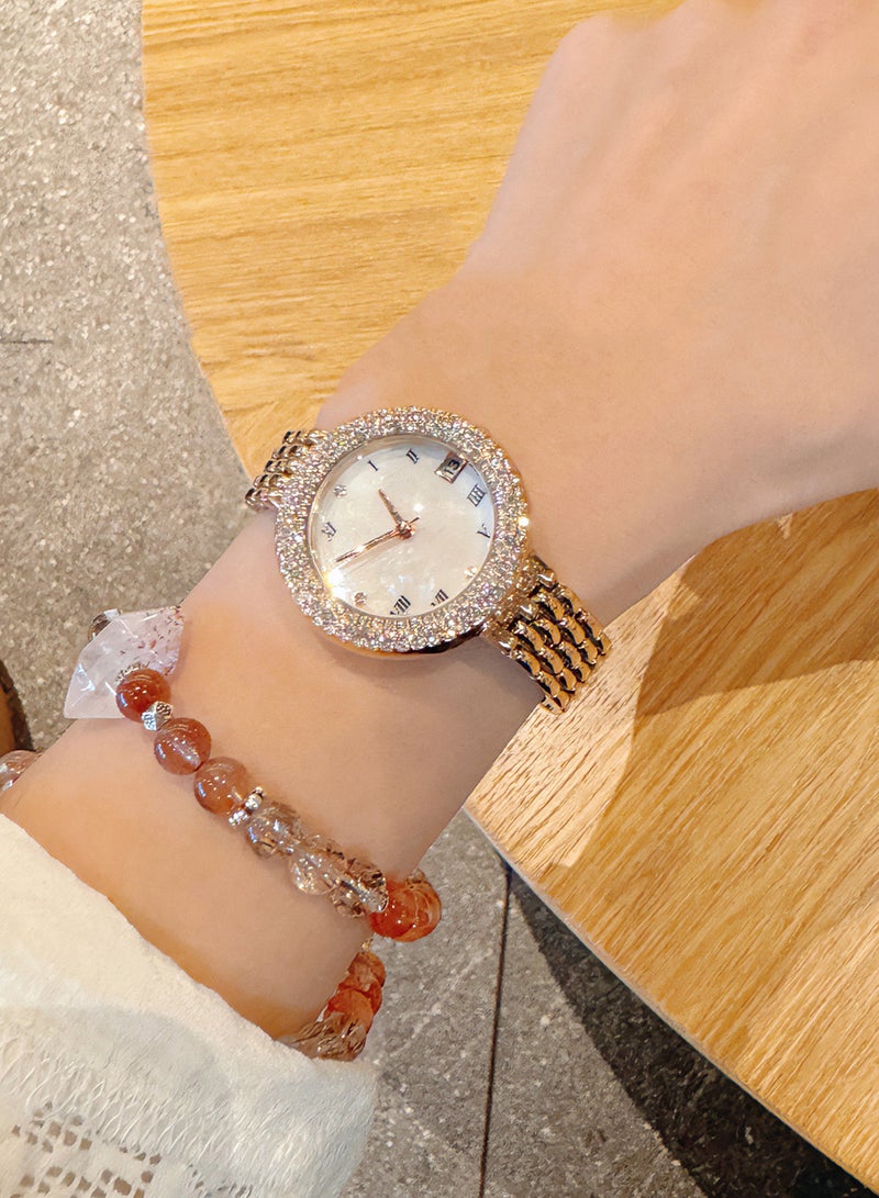 Women's light luxury fashion diamond dial set fritillary round dial gold strap quartz watch