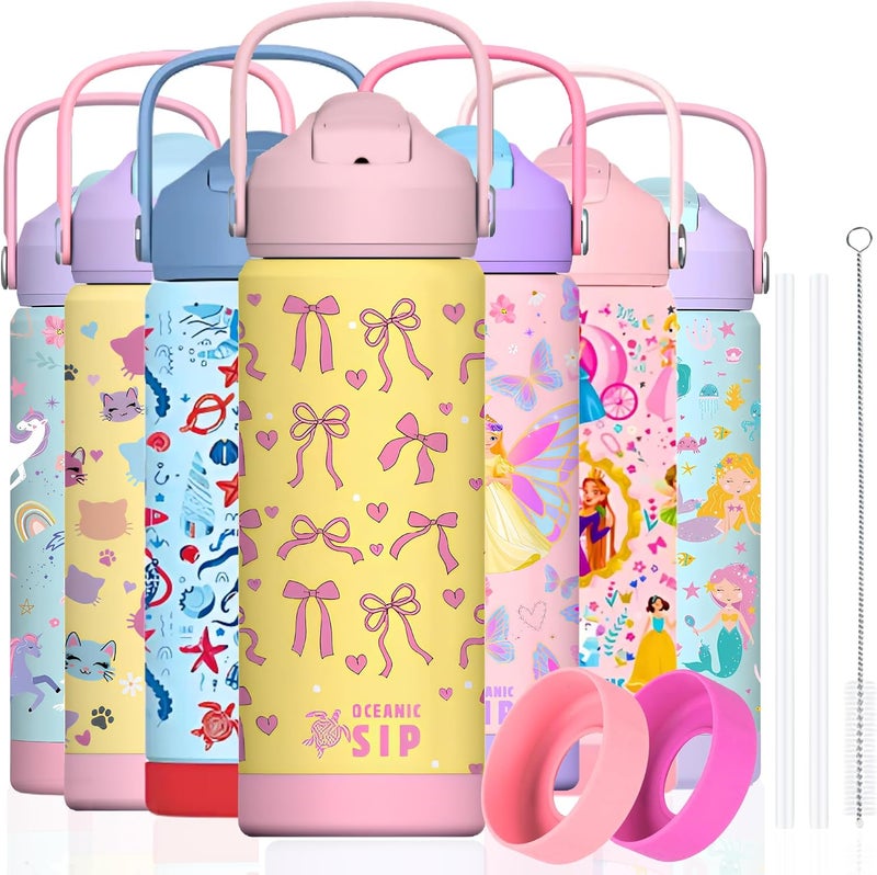 Oceanic 550ml Girls Premium Stainless Steel Water Bottle with Straw – Leak-Proof, Double-Wall Vacuum Insulated, BPA-Free Kids Flask for School & Sports (Ribbons 550ml) - Image 1