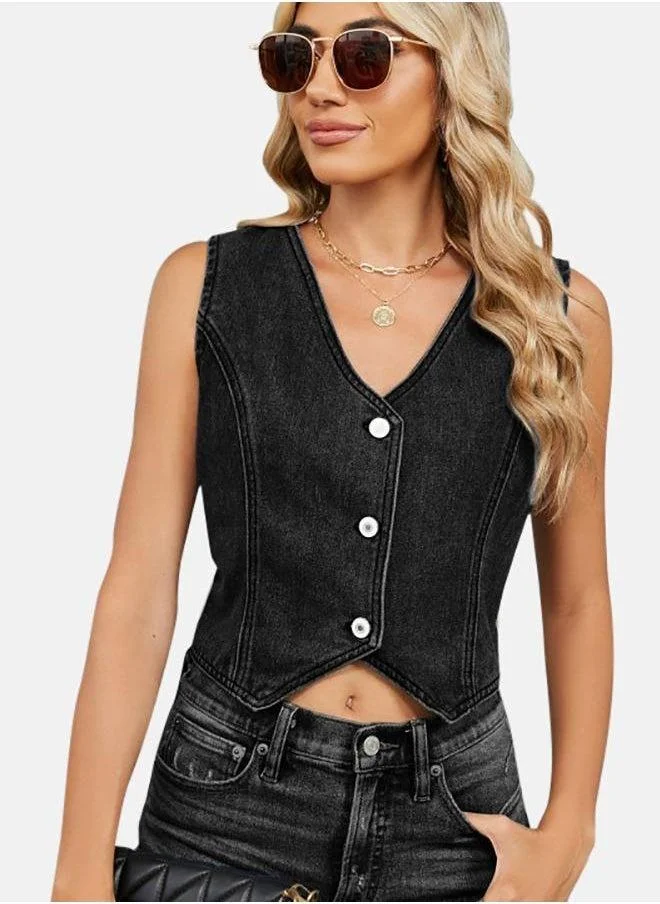يونيكي Black V-Neck Sleeveless Jackets