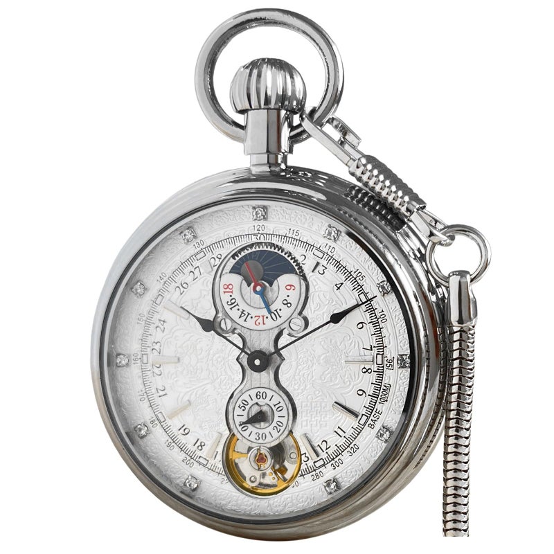 VIGOROSO Tourbillon Mechanical HandWind Pocket Watch for Men Sun Day Moon Phase Display Exclusive Luxury Stainless Steel Watches for Dad - Image 2