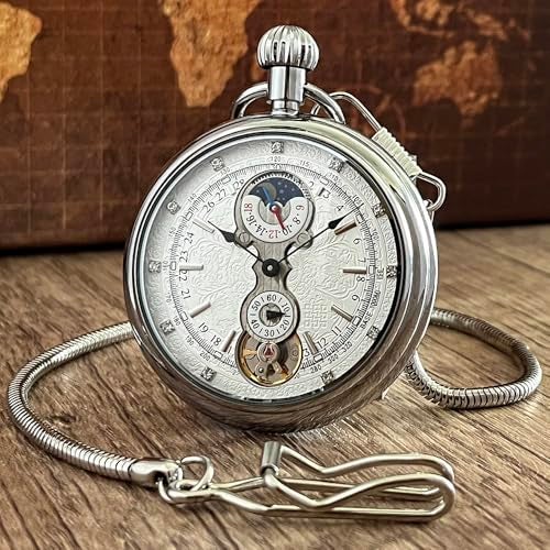 VIGOROSO Tourbillon Mechanical HandWind Pocket Watch for Men Sun Day Moon Phase Display Exclusive Luxury Stainless Steel Watches for Dad - Image 3