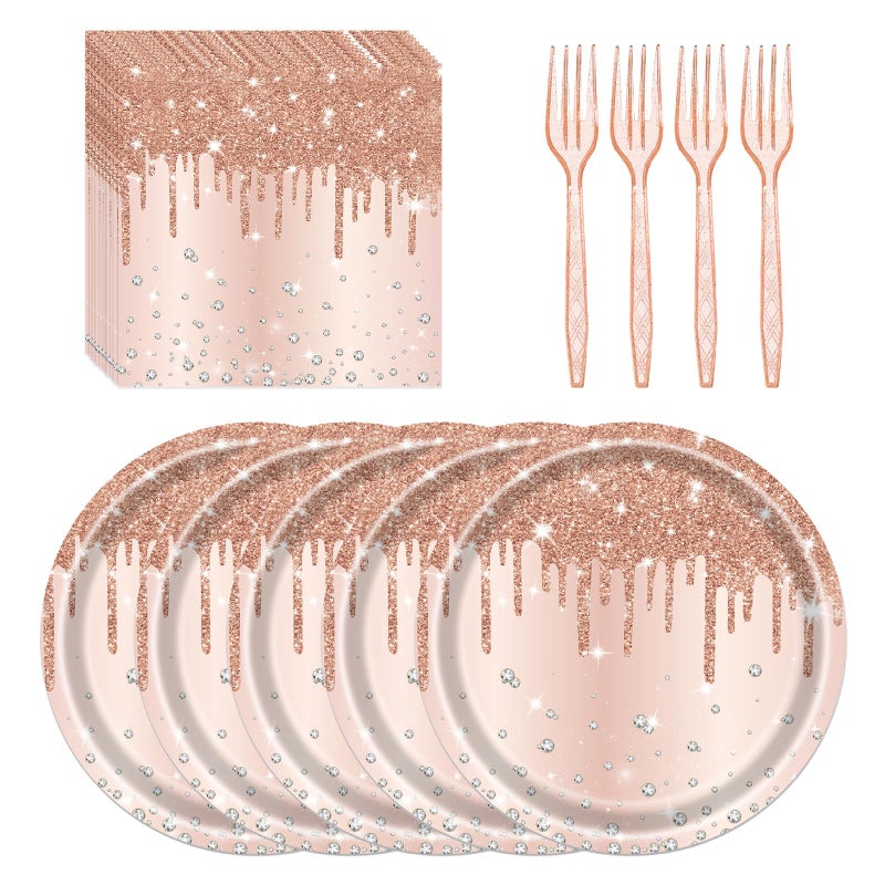LYFREE 72 Pcs Rose Glitter Paper Plates 7in Disposable Dinner Plates Napkins and Forks Party Tableware Set Decoration Supplies for Girls Birthday Bridal Shower Wedding Ceremonies Anniversary Party  Serve 24 - Image 1