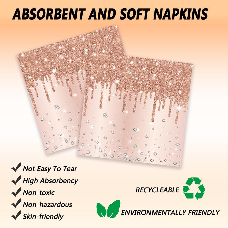 LYFREE 72 Pcs Rose Glitter Paper Plates 7in Disposable Dinner Plates Napkins and Forks Party Tableware Set Decoration Supplies for Girls Birthday Bridal Shower Wedding Ceremonies Anniversary Party  Serve 24 - Image 4