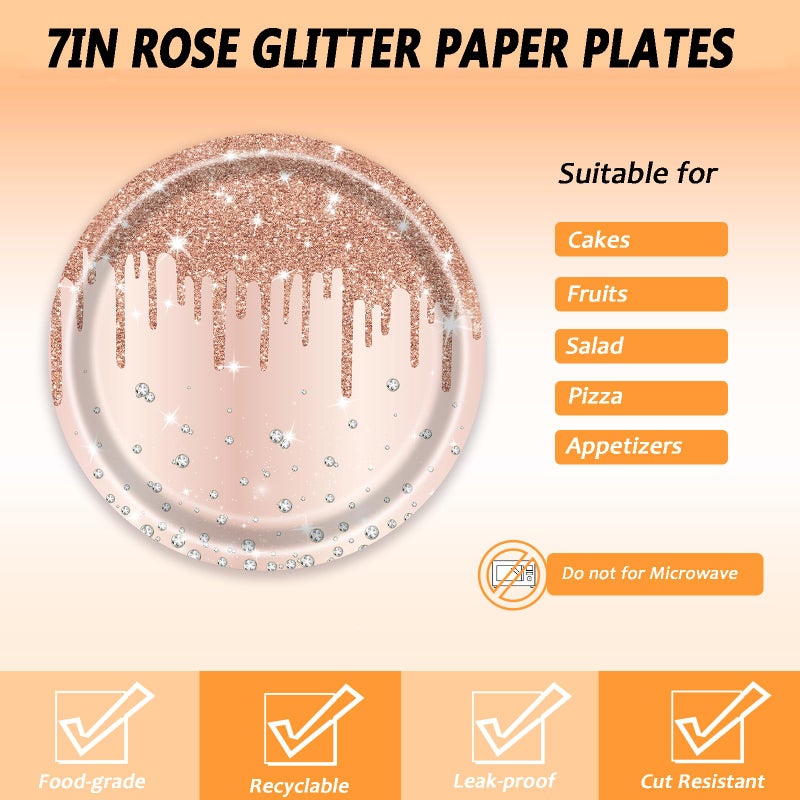 LYFREE 72 Pcs Rose Glitter Paper Plates 7in Disposable Dinner Plates Napkins and Forks Party Tableware Set Decoration Supplies for Girls Birthday Bridal Shower Wedding Ceremonies Anniversary Party  Serve 24 - Image 3