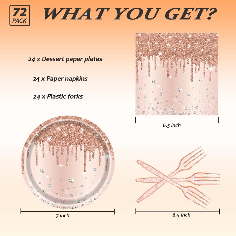 LYFREE 72 Pcs Rose Glitter Paper Plates 7in Disposable Dinner Plates Napkins and Forks Party Tableware Set Decoration Supplies for Girls Birthday Bridal Shower Wedding Ceremonies Anniversary Party  Serve 24 - Image 2