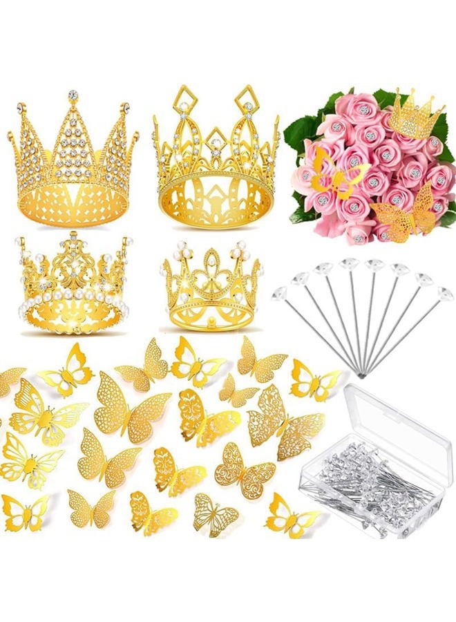 Vshinic 152 Pcs Flower Bouquet Accessories,100 Corsage Bouquet Pins 48 3D Butterfly Wall Decor Bulk and 4 Crown Cake Topper Pearl Pins forFestival,Mother's Day,Birthday,Wedding Party - Image 1