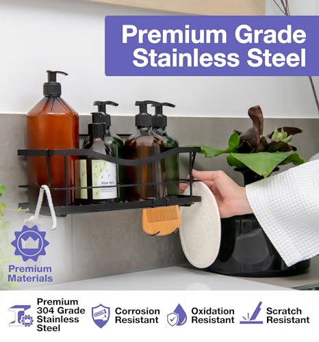 KINCMAX Premium Shower Caddy, Self Adhesive Shower Organizer w/ 4 Hooks, No Drill Shelves for Inside Shower, Rustproof Stainless Steel Shower Rack for Bathroom, Matte Black - Image 2