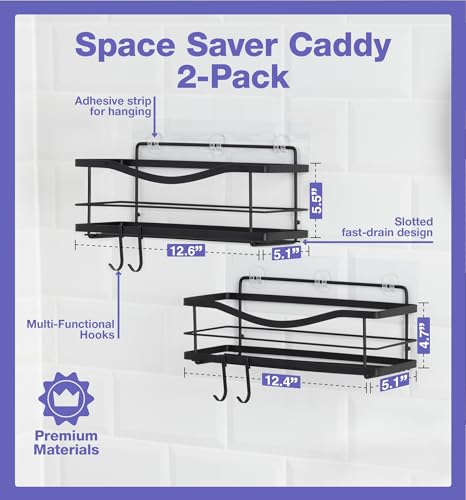 KINCMAX Premium Shower Caddy, Self Adhesive Shower Organizer w/ 4 Hooks, No Drill Shelves for Inside Shower, Rustproof Stainless Steel Shower Rack for Bathroom, Matte Black - Image 3