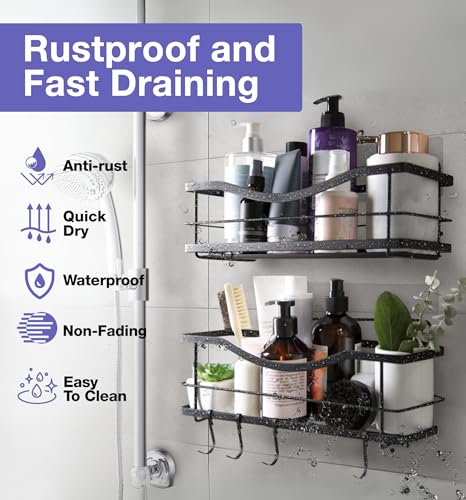 KINCMAX Premium Shower Caddy, Self Adhesive Shower Organizer w/ 4 Hooks, No Drill Shelves for Inside Shower, Rustproof Stainless Steel Shower Rack for Bathroom, Matte Black - Image 5