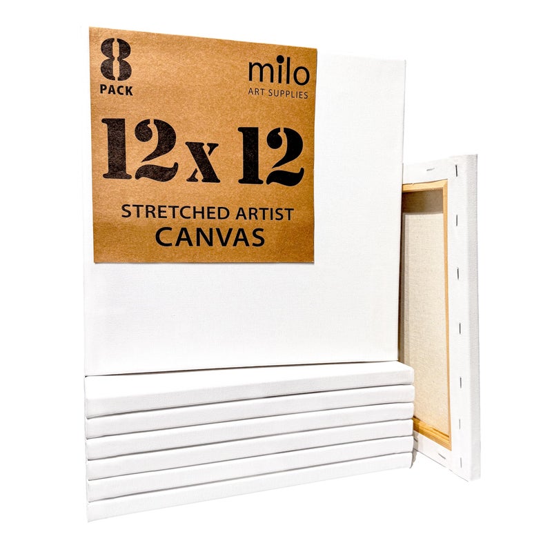 Milo milo Stretched Artist Canvas  12x12 inch  Value Pack of 8 Canvases for Painting Primed  Ready to Paint Art Supplies for Acrylic Oil Mixed Wet Media  Pouring 100 Cotton with Pine Wood Frame 