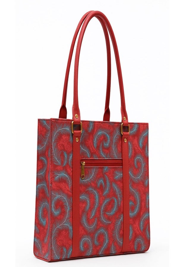 VINNIE Stylish Women's Shoulder Handbag | Feather Print PU Leather Tote Bag | Dual Handle Designer Purse with Zip Closure (Red) - Image 2