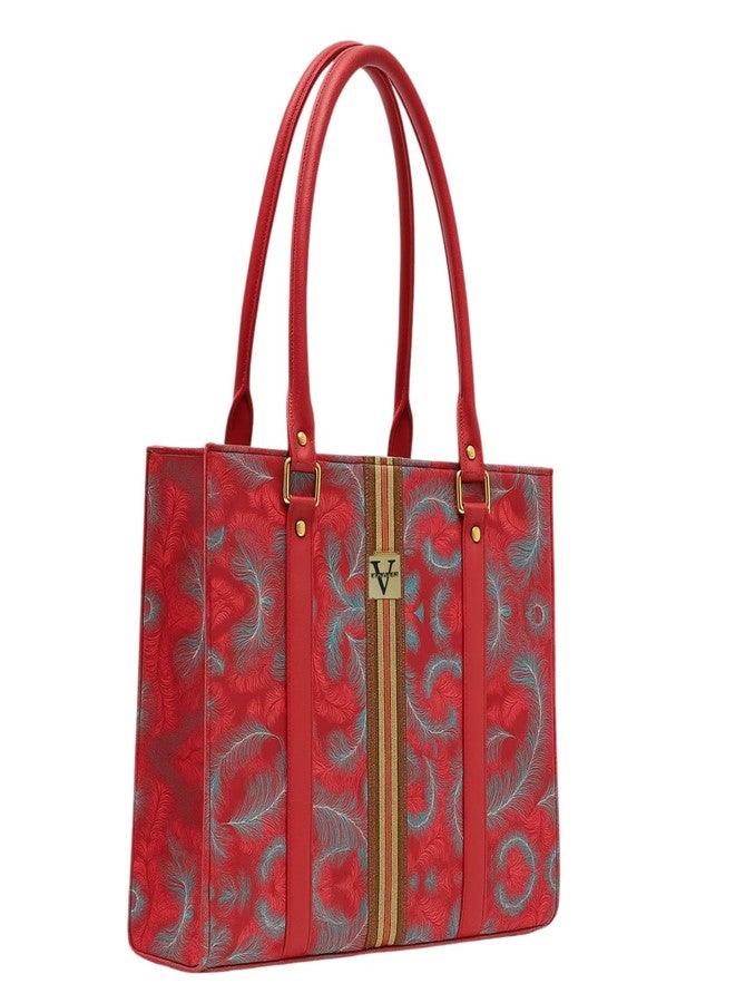 VINNIE Stylish Women's Shoulder Handbag | Feather Print PU Leather Tote Bag | Dual Handle Designer Purse with Zip Closure (Red) - Image 1