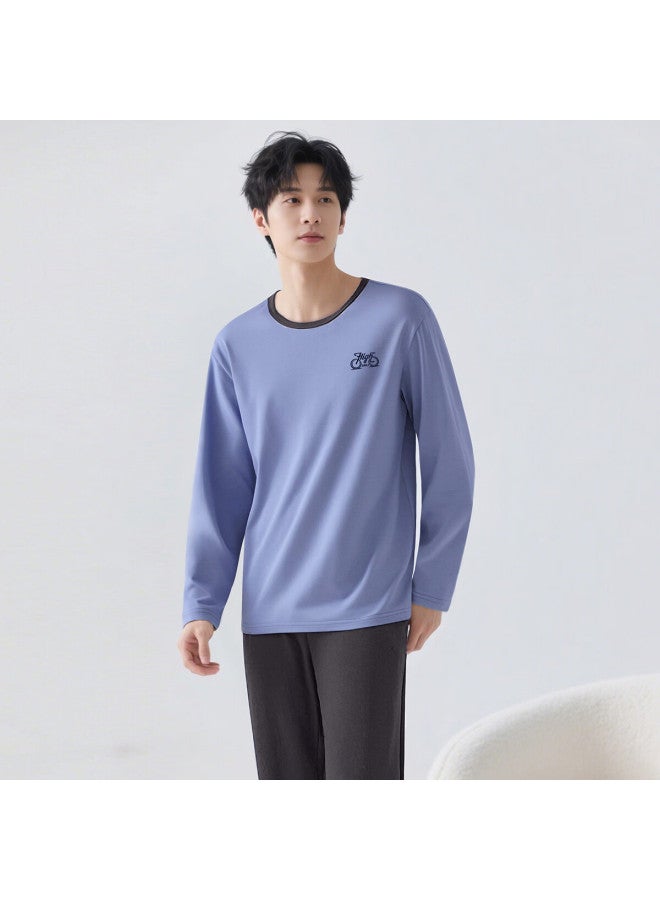 Top melon Dingguagua Men's Pure Cotton Spring Summer Round Neck Long Sleeve Sleepwear Set Homewear Fuguang Blue Size 180 - Image 3
