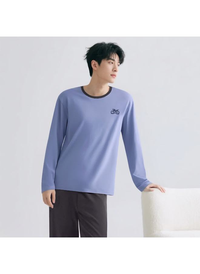 Top melon Dingguagua Men's Pure Cotton Spring Summer Round Neck Long Sleeve Sleepwear Set Homewear Fuguang Blue Size 180 - Image 2