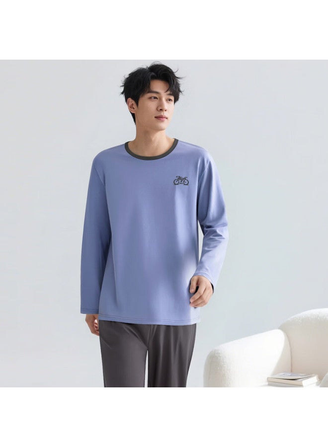 Top melon Dingguagua Men's Pure Cotton Spring Summer Round Neck Long Sleeve Sleepwear Set Homewear Fuguang Blue Size 180 - Image 1