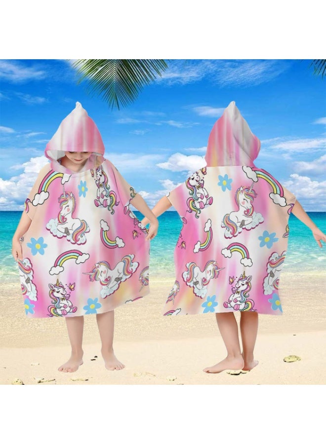 Gradient Pink White Mist Base Full Printed Cartoon Unicorn Rainbow Daisy Cloud Butterfly Unisex Kids Hooded Quick Dry Poncho Towel, Polyester Soft Water Absorbent Loose Windproof Bath Wrap for All Kids, Ideal for Beach, Swimming Pool, Hot Spring & Daily Shower - Image 3
