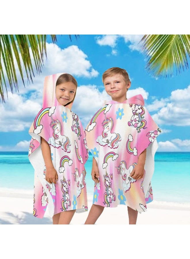 Gradient Pink White Mist Base Full Printed Cartoon Unicorn Rainbow Daisy Cloud Butterfly Unisex Kids Hooded Quick Dry Poncho Towel, Polyester Soft Water Absorbent Loose Windproof Bath Wrap for All Kids, Ideal for Beach, Swimming Pool, Hot Spring & Daily Shower - Image 2