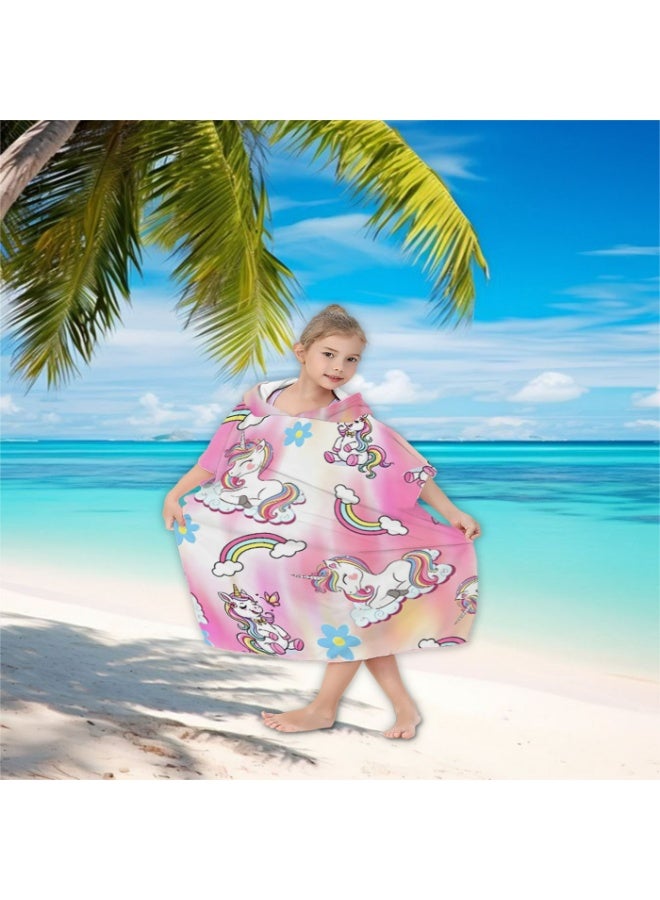 Gradient Pink White Mist Base Full Printed Cartoon Unicorn Rainbow Daisy Cloud Butterfly Unisex Kids Hooded Quick Dry Poncho Towel, Polyester Soft Water Absorbent Loose Windproof Bath Wrap for All Kids, Ideal for Beach, Swimming Pool, Hot Spring & Daily Shower - Image 5