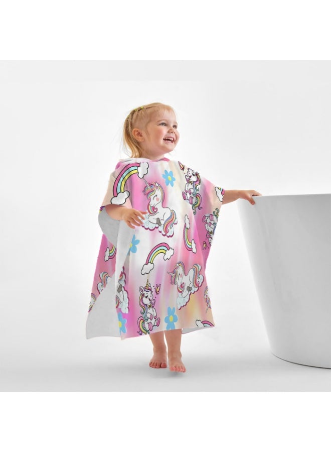 Gradient Pink White Mist Base Full Printed Cartoon Unicorn Rainbow Daisy Cloud Butterfly Unisex Kids Hooded Quick Dry Poncho Towel, Polyester Soft Water Absorbent Loose Windproof Bath Wrap for All Kids, Ideal for Beach, Swimming Pool, Hot Spring & Daily Shower - Image 1