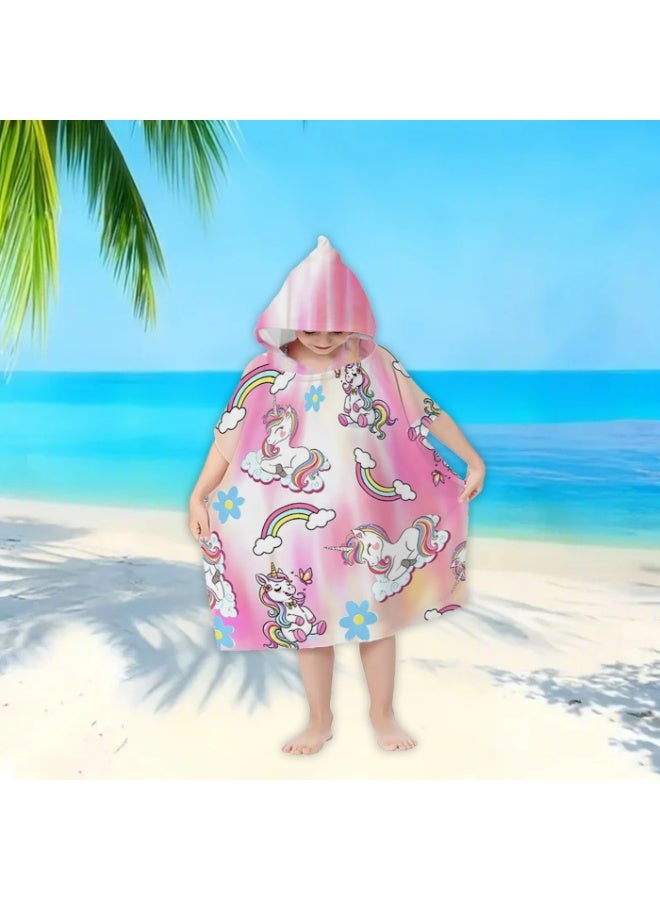 Gradient Pink White Mist Base Full Printed Cartoon Unicorn Rainbow Daisy Cloud Butterfly Unisex Kids Hooded Quick Dry Poncho Towel, Polyester Soft Water Absorbent Loose Windproof Bath Wrap for All Kids, Ideal for Beach, Swimming Pool, Hot Spring & Daily Shower - Image 4