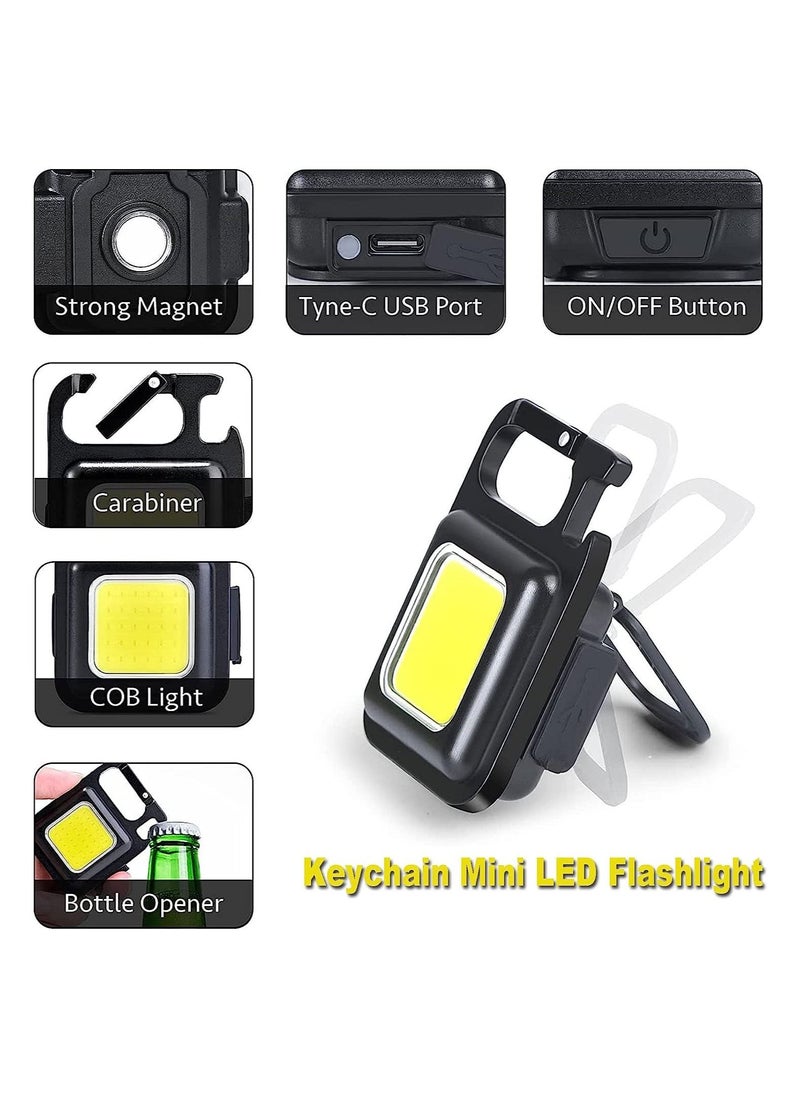 2 Pack Rechargeable Flashlights, 5 Modes Mini Flashlight Keychain with Folding Bracket Bottle Opener and Magnetic Base for Emergency and Outdoor Use