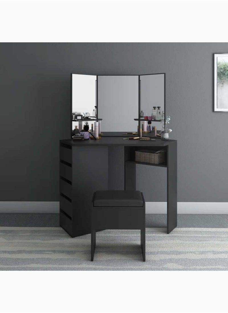 KARNAK Karnak Daniella Corner Dressing Unit with Mirror – Tri-Fold Vanity Mirror – 5 Drawer Dresser – Wood & MDF Makeup Table – 140 x 109 x 55 cm Black  - Image 2