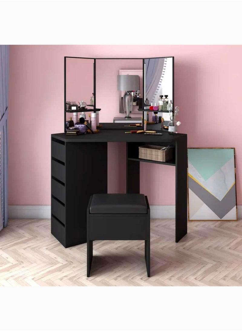 KARNAK Karnak Daniella Corner Dressing Unit with Mirror – Tri-Fold Vanity Mirror – 5 Drawer Dresser – Wood & MDF Makeup Table – 140 x 109 x 55 cm Black  - Image 1