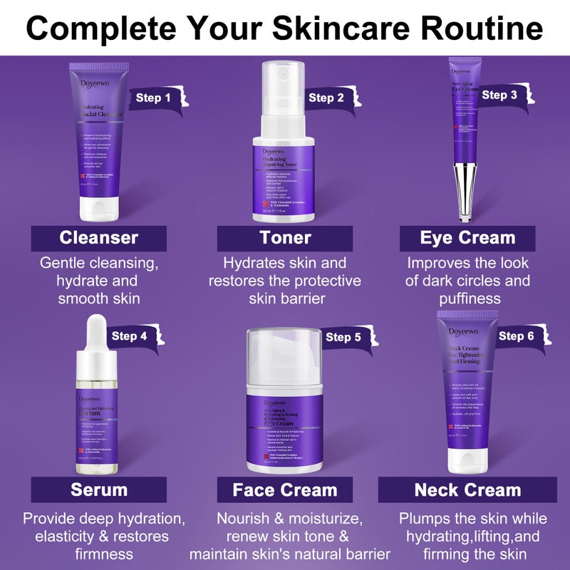 DOYEEWO Skin Care Set,6Pcs Professional Womens Teens Tighten Lift Firm Skincare,Hydrate Anti-Aging Facial Routine Kit Travel Gift Set,Birthday Christmas Secret Santa Gifts for Women Teenage Girl Wife Mom - Image 3