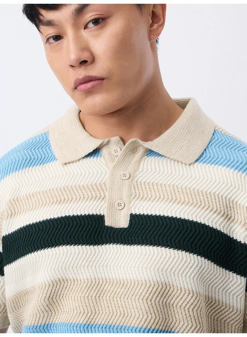The Souled Store  The Souled Store Everyday Polo: Seaweed Men and Boys Short Sleeve Spread Collar Beige Dark Green and Light Blue Jacquard Knit Pattern Acrylic Relaxed Fit Textured Fabric Polo Shirts  | Best Price UAE